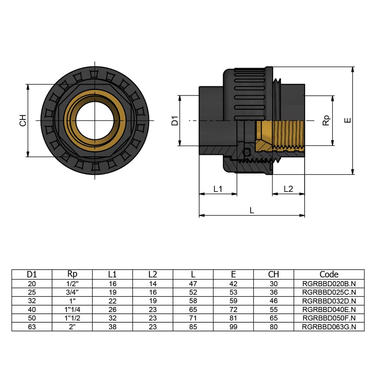 Image for Муфта ПВХ Effast RGRBBD040E.N перехідна, з внутрішньою різьбою d40x1-1/4"