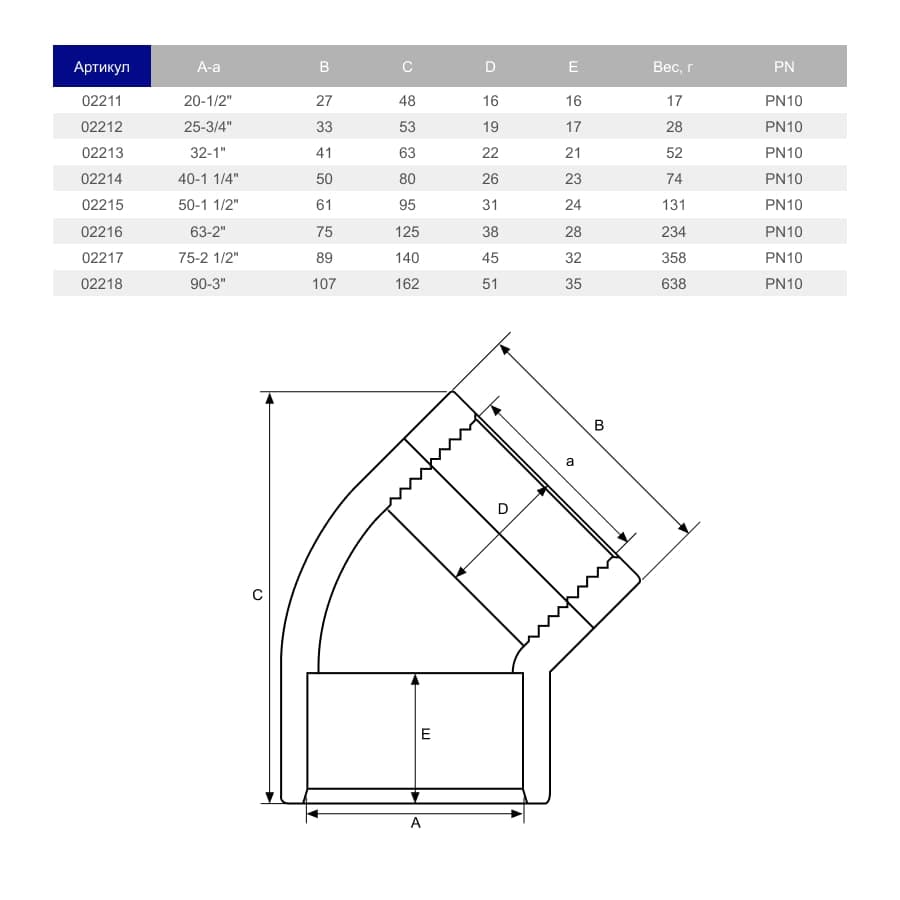 Image for Коліно перехідне 45° ПВХ Hidroten 1002213, внутрішня різьба, d32 мм, 1"