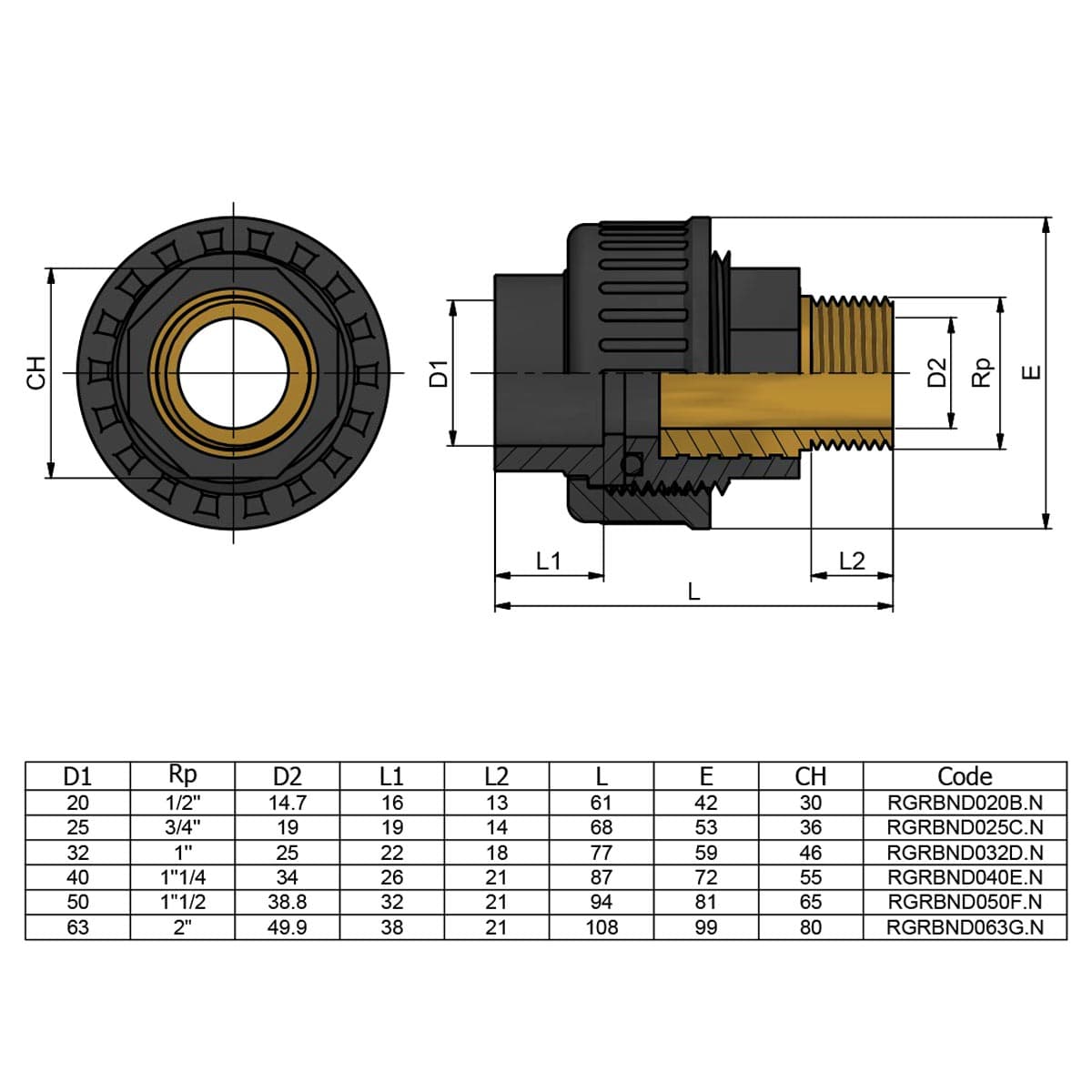 Image for Муфта ПВХ Effast RGRBND050F.N перехідна із зовніньою різьбою, латунь d50x1-1/2"